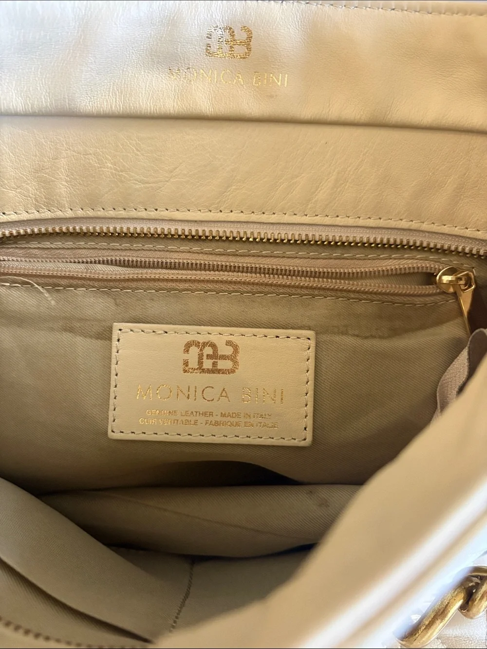 Monica Bini Quilted Leather Shoulder Bag with Gold Chain - Cream ,  Italy